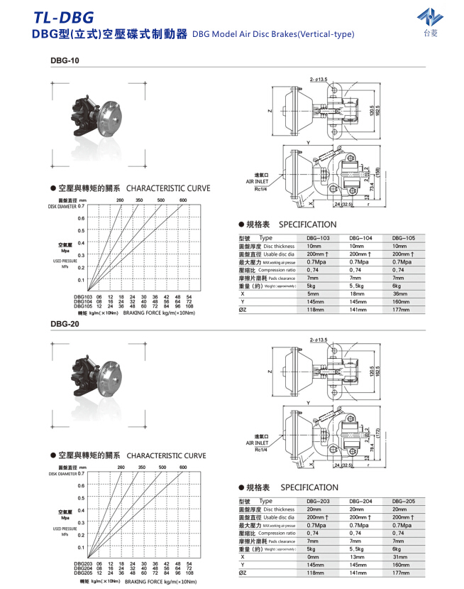 立式空壓碟式制動器DBG型規格型號尺寸參數表 立式空壓碟式制動器DBG型規格型號尺寸參數表